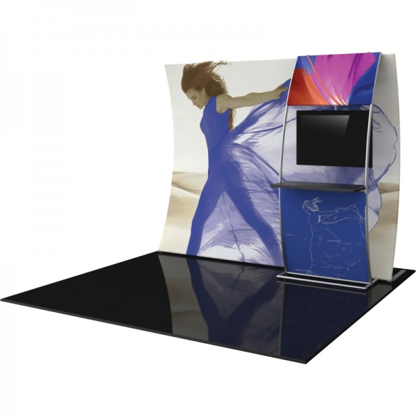 10FT Vertically Curved Fabric Trade Show Display with Large Stand-off Shelf and Monitor Mount